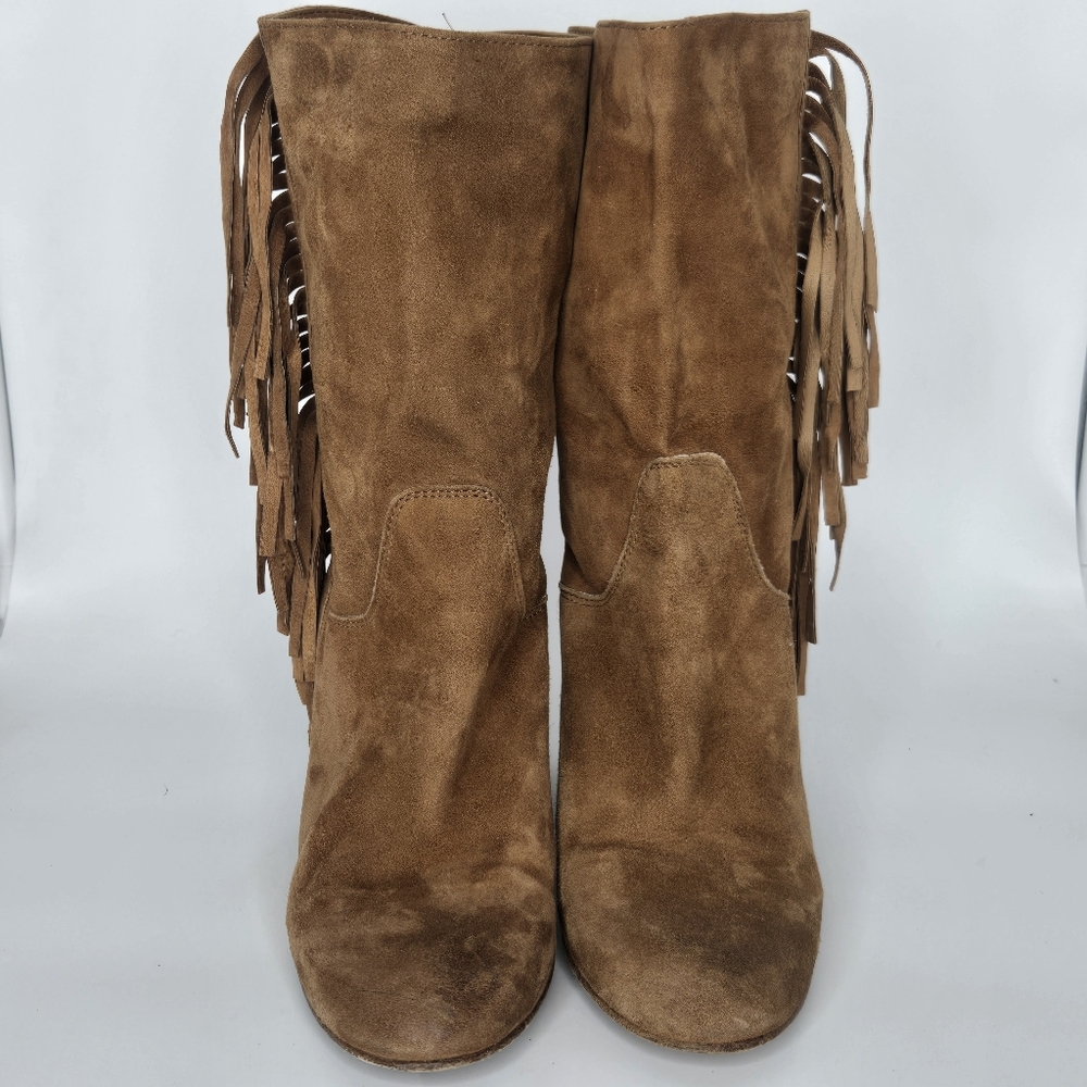 Free People Wild Rose Slouch Suede Boot Fringe Cognac Tan Brown Size 37 US 7 - Picture 3 of 10